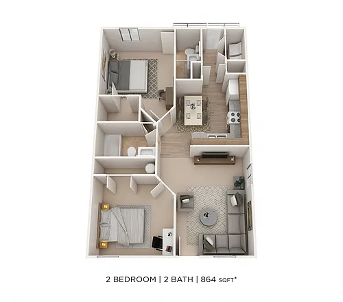 Floor plan Two Bedroom 2 Bath- 907 sqft