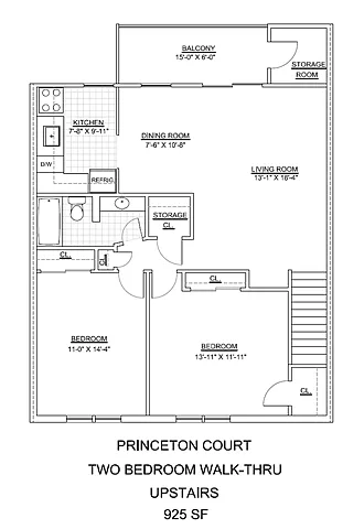 Floor plan Princeton Court- 2 Bed 1 Bath Upstairs Walk Thru