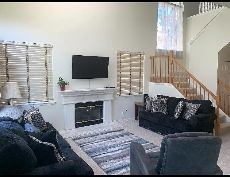 Living room with gas fire place.