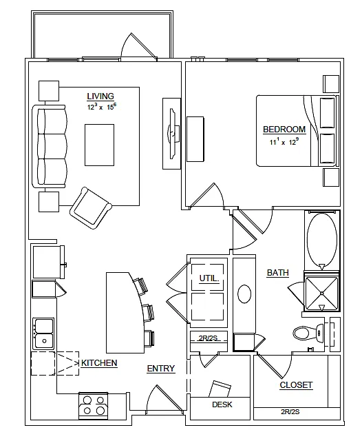 Floor plan A3.3 Azalea 1x1 859sf