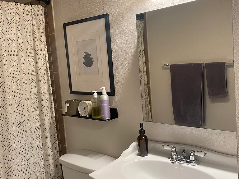 Small black shelf over toilet will remain. That mirror is a medicine cabinet that will remain as well.