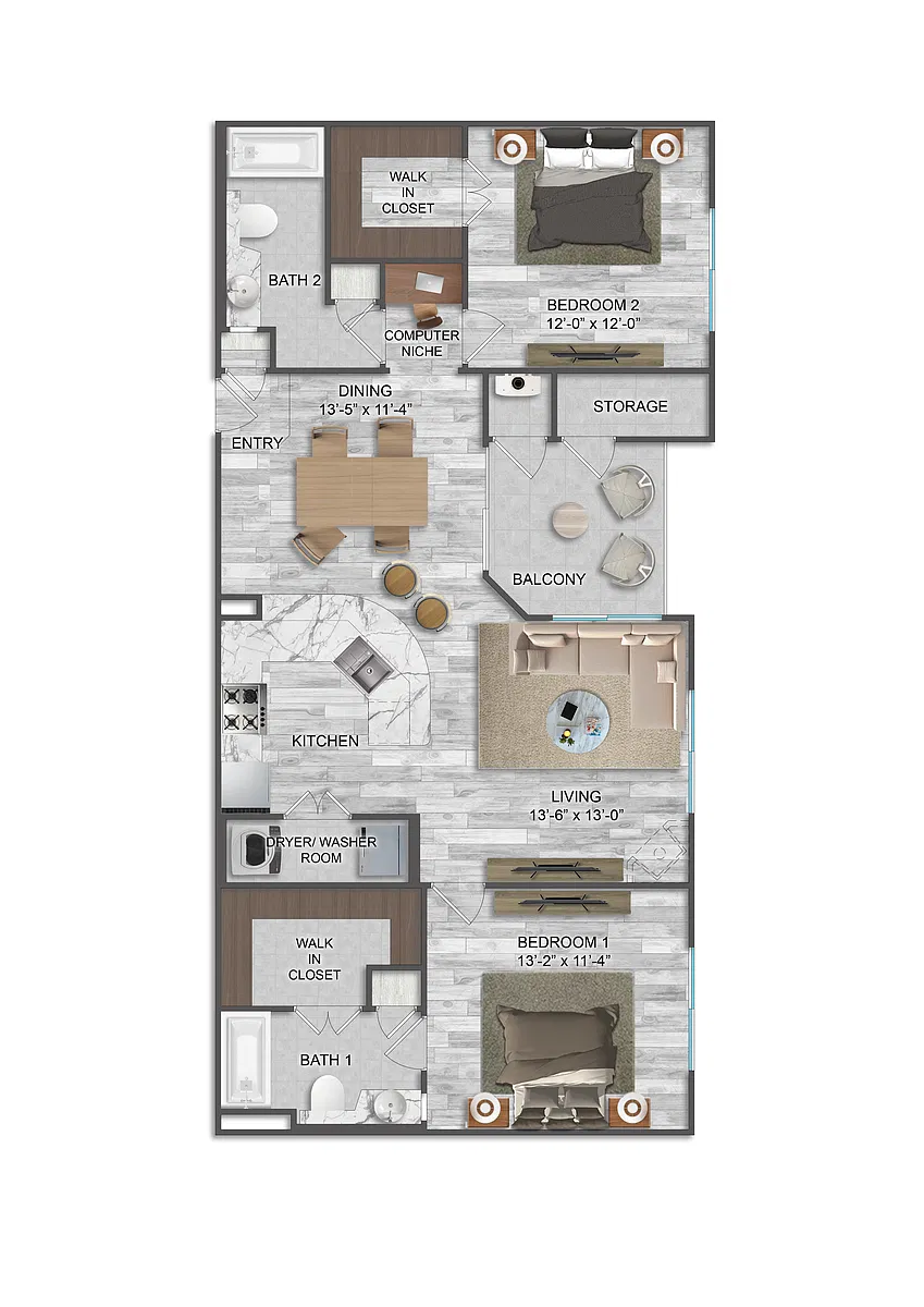 Floor plan Duomo - Two Bedrooms/Two Bath 1090 Sq Ft
