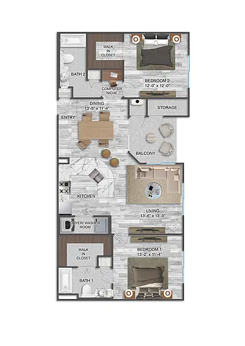 Floor plan Duomo - Two Bedrooms/Two Bath 1090 Sq Ft