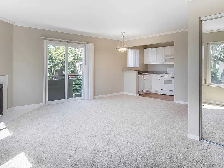 Carpeted Living Room with Balcony and Fireplace