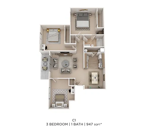 Floor plan Three Bed One Bath 947 Sqft
