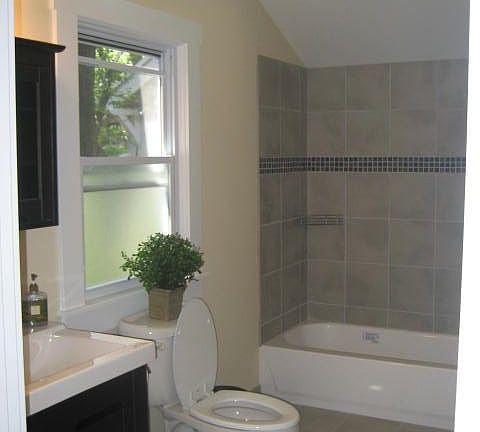 bath with vaulted ceiling and skylight