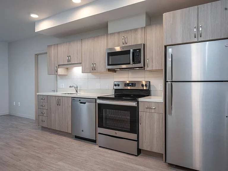 The Byway | #201 Modern Kitchen with Wood Cabinetry and Stainless Steel Appliances