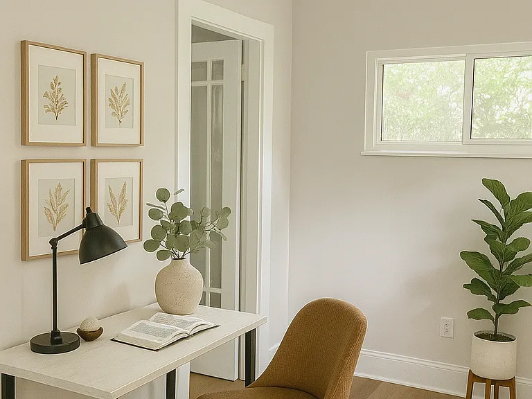 Digital rendering of the bonus space with view to the door that leads to the living room.