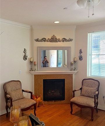 Fireplace in living room.