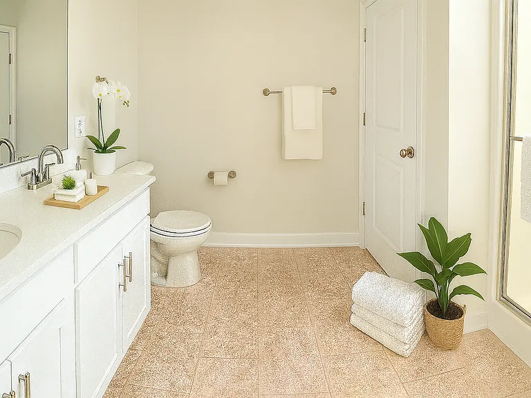Primary ensuite bathroom with double vanity.