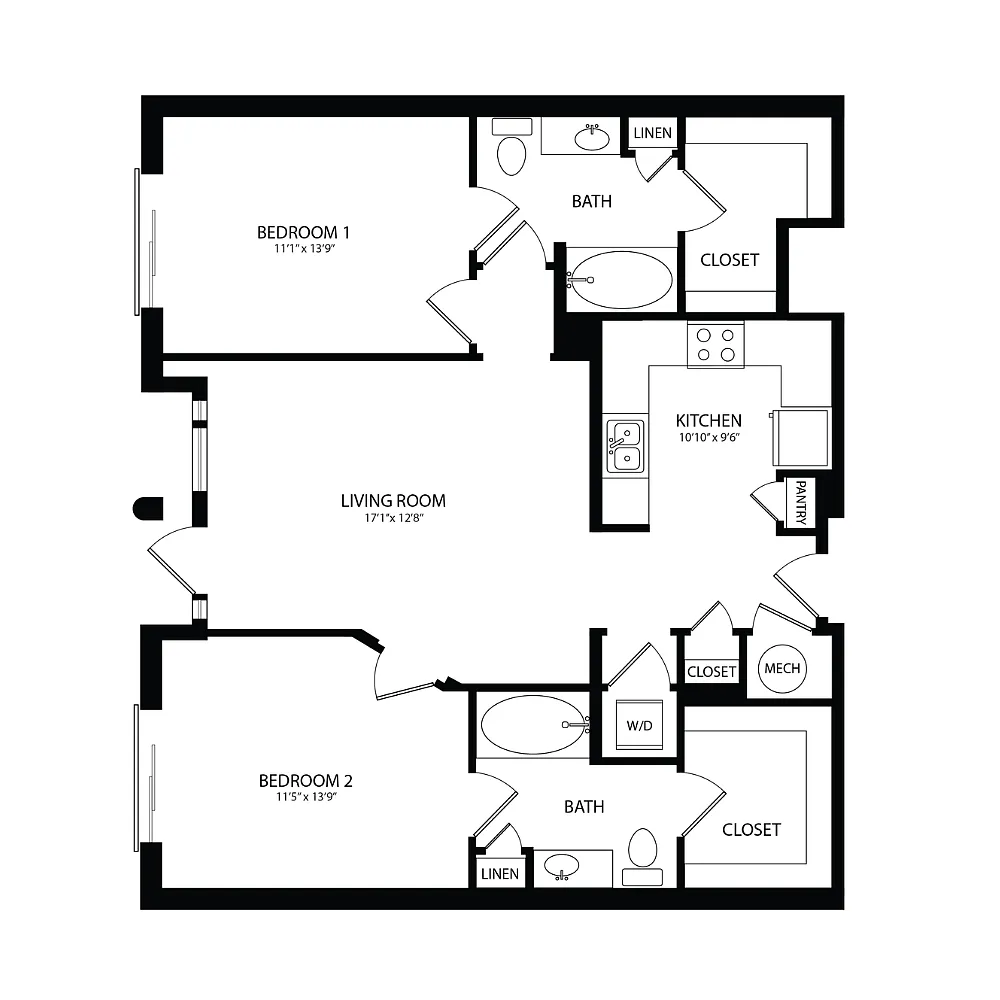 Floor plan 2 Bedroom, 2 Bath 1072 SF B3A