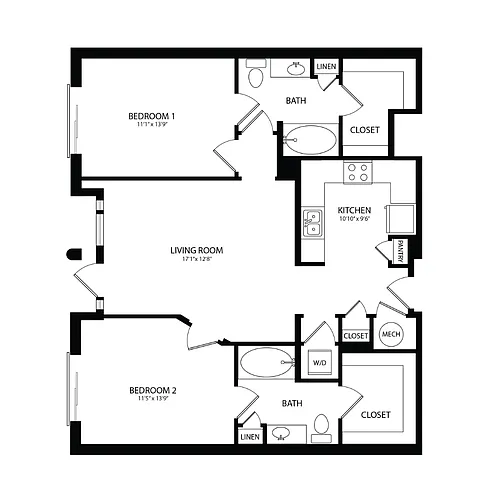 Floor plan 2 Bedroom, 2 Bath 1072 SF B3A
