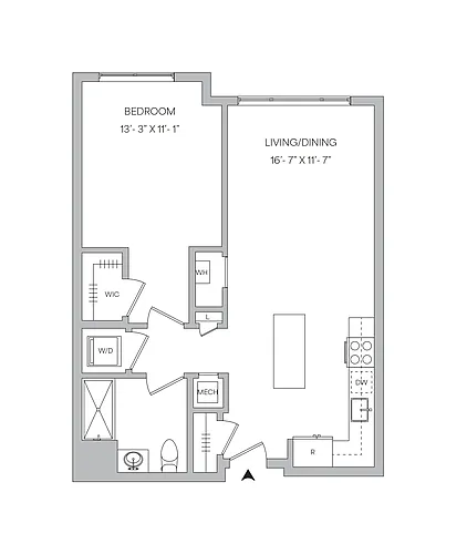 Floor plan A16 - 1BR 1BA (739 SF)