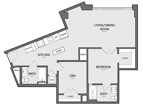 Floor plan 1 Bed/2 Bath Den-B-1D