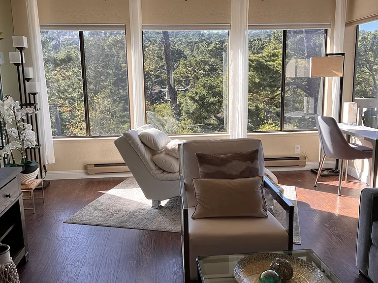 Sun filled living room area with relaxing chaise lounge and 55" Smart TV and queen sofa bed and desk overlooking the Bay Views.