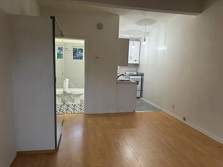 Main room with views of bathroom and kitchen. Wood flooring and built-in closet with full length sliding glass doors.