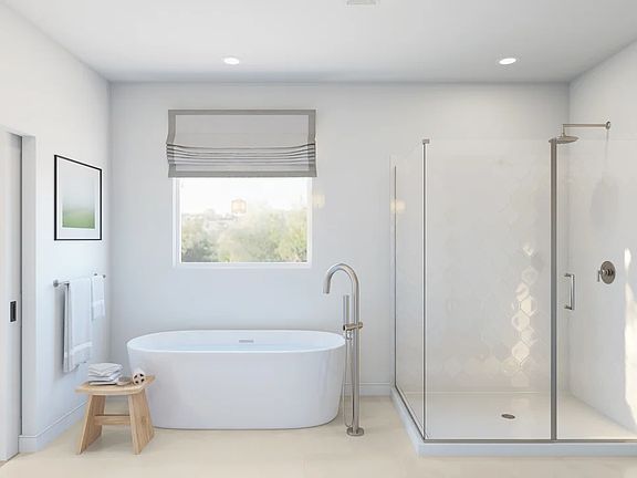 Freestanding tub and glass shower enclosure in primary bath