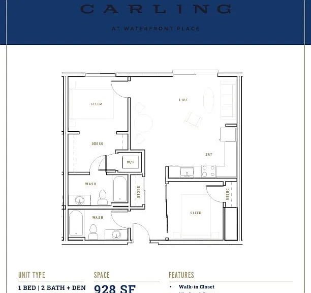 Explore The Carling's spacious 928 SF layout, designed for modern comfort and convenience. Explore The Carling's spacious 928 SF layout, designed for modern comfort and convenience.