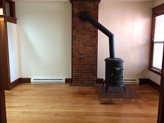 wood burning stove and dinning area
