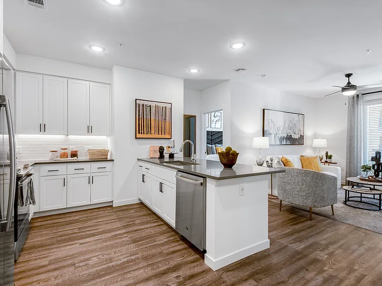 Spacious Kitchen and Living Area with Wood-Style Flooring and White Cabinets
