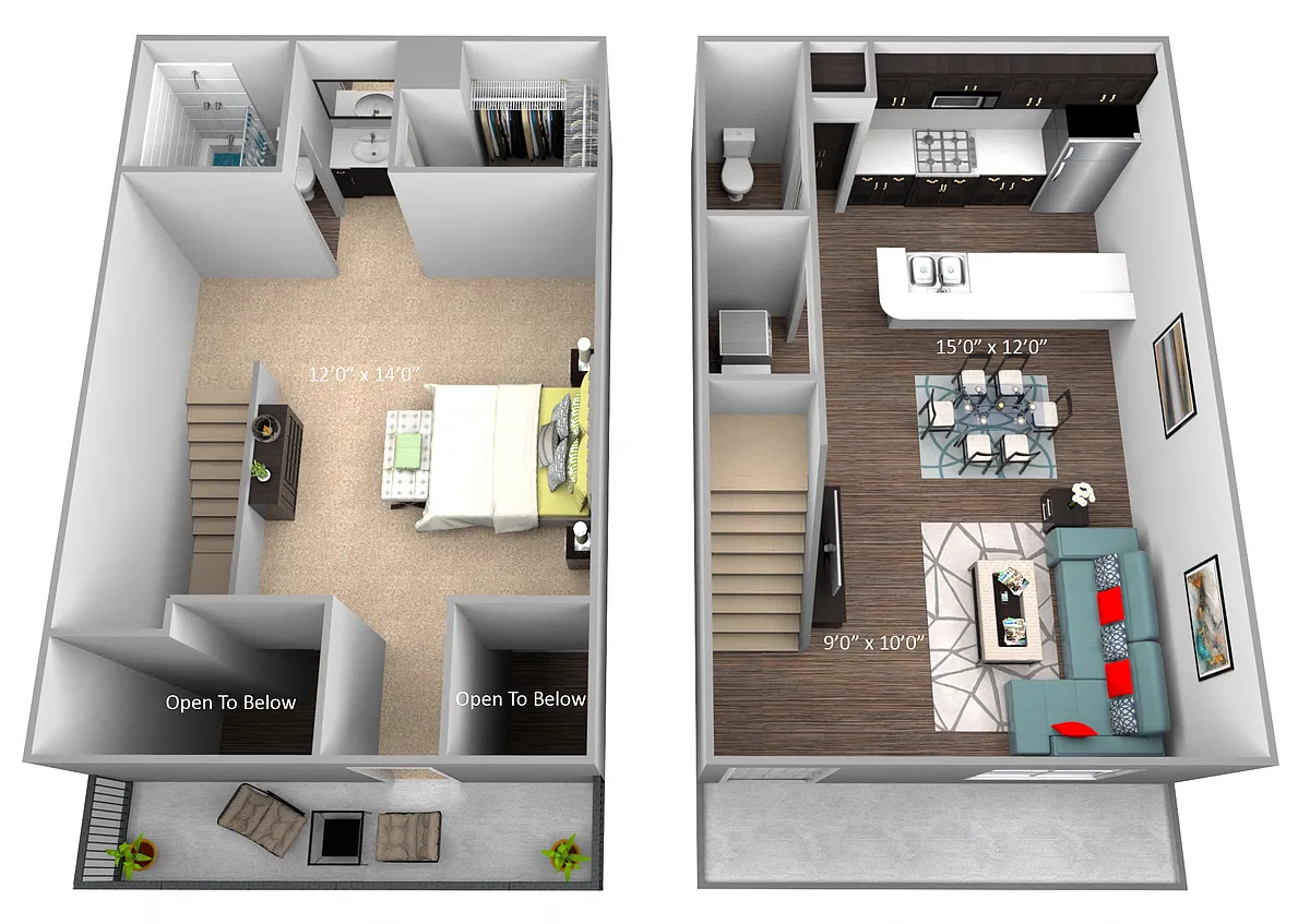 Floor plan One Bedroom One Bath and Half Bath Loft (Townhome)