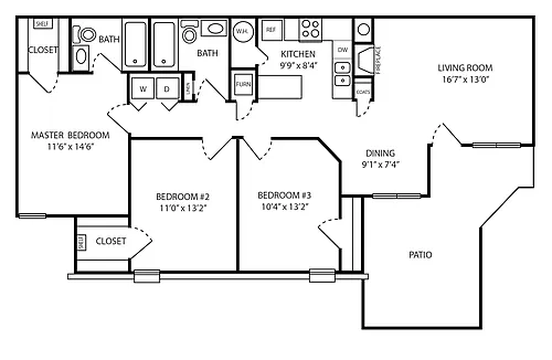 Floor plan 3 Bedroom, 2 Bathroom - Renovated