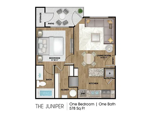 Floor plan 1 Bed, 1 Bath A (60% Income Restricted)