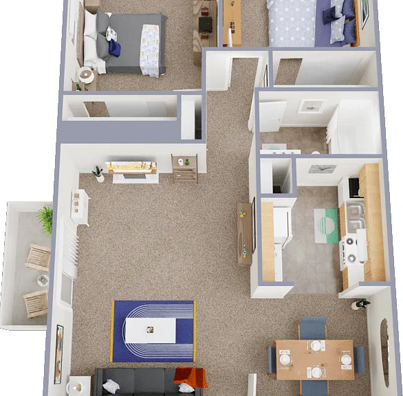 2 Bed 1 Bath Floorplan Diagram