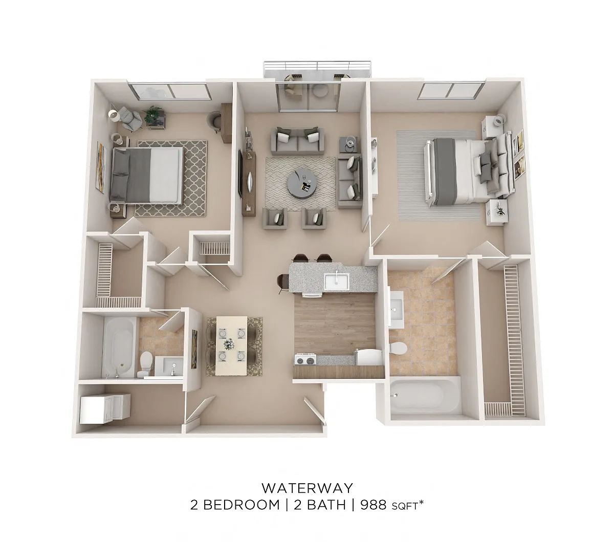 Floor plan Two Bedroom 2 Bath - 988 sqft