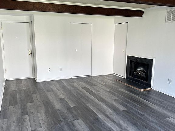 Living room facing front door with 2 closets and fireplace.