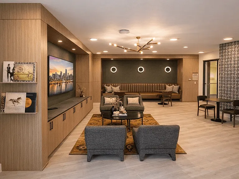 A thoughtfully designed coworking space offering flexible seating, modern finishes, and a comfortable environment for work or collaboration.