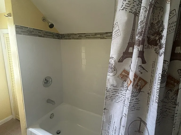 New tub and shower curtain in the bathroom