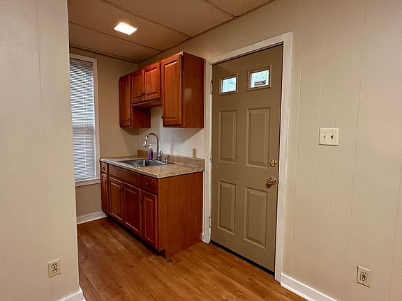 Back entry door, and kitchen sink and cabinet