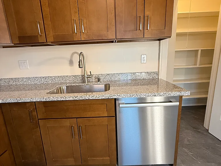 Sink and dishwasher. Walk in storage pantry on right