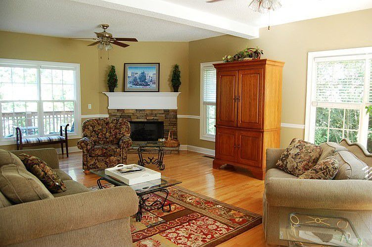 The great room and fireplace