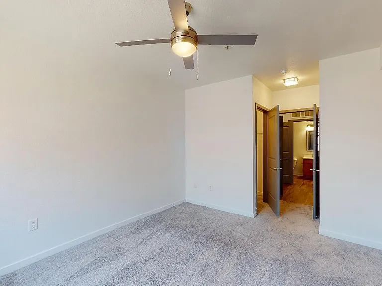 Spacious apartment bedroom with large closet, attached bathroom and plush carpet flooring.