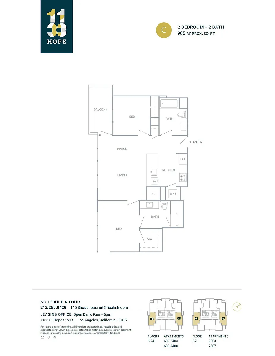 Floor plan 2 Bed 2 Bath - 905 sqft