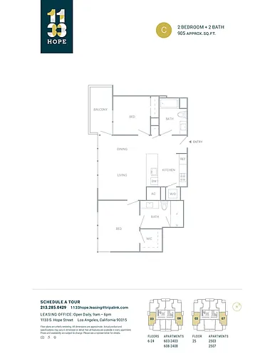 Floor plan 2 Bed 2 Bath - 905 sqft