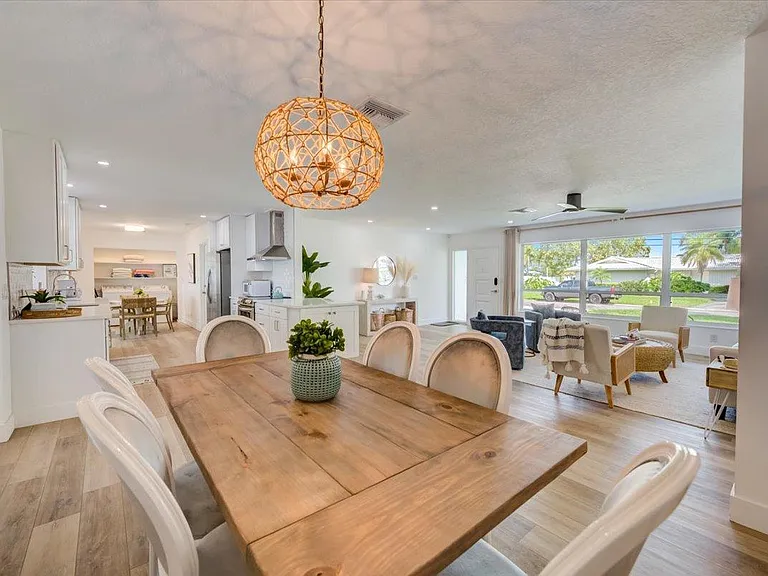 Dining table seats six.