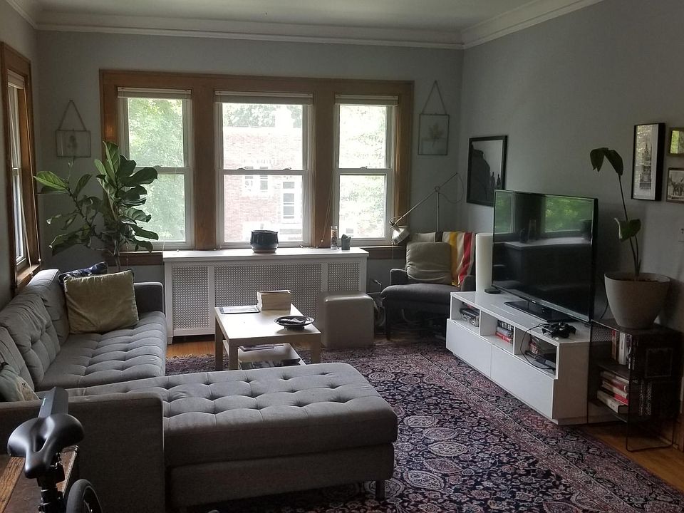 View into living room, with western and southern exposure.