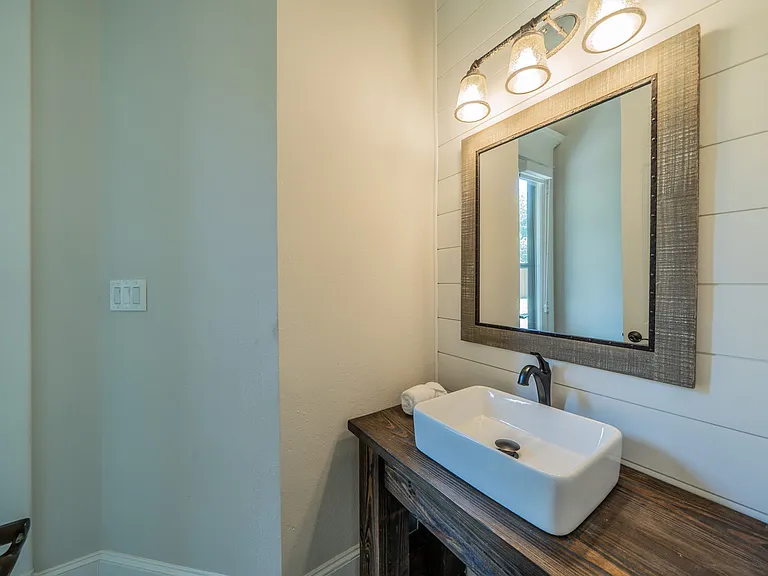 Modern Farmhouse Half Bath: Shiplap Walls, Vessel Sink & Rustic Wood