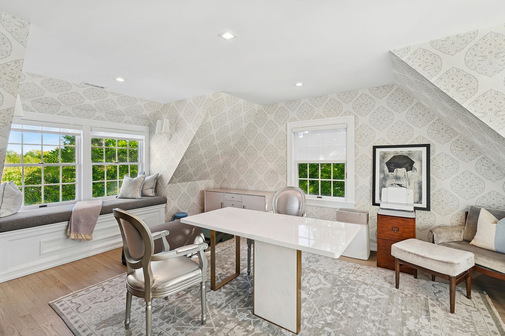 Primary suite sitting room with fireplace