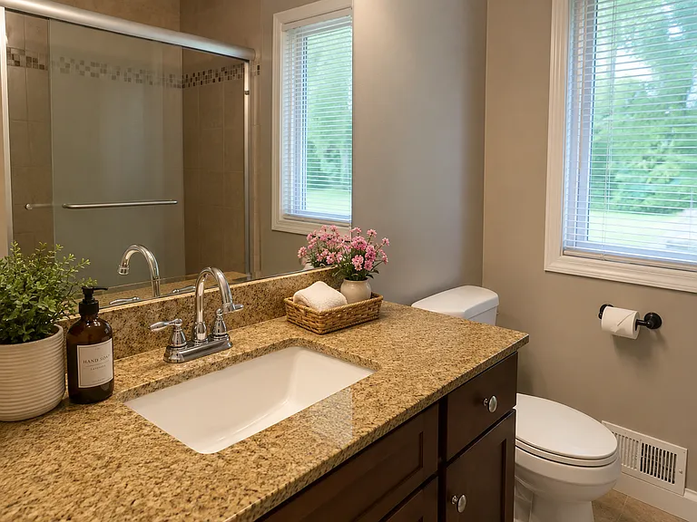 Select decor was virtually added and is not included. Full bathroom with vanity, tiled shower and sliding glass enclosure.