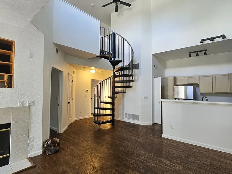 hard wood floor, spiral staircase