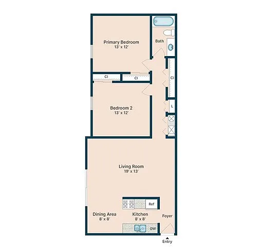 Floor plan 2 Bedroom 1 Bath
