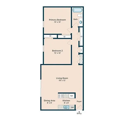 Floor plan 2 Bedroom 1 Bath