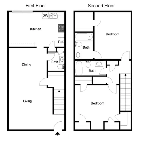 Floor plan 2 Bedroom 2 Bath Townhome-SB2