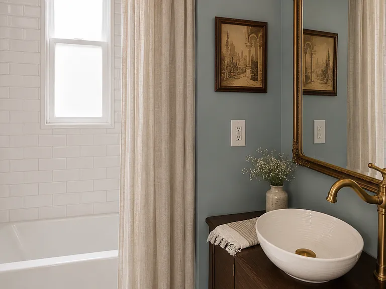 Bathroom is currently being completely redone! This is a rendering of the finished product! A tub, vintage mosaic tile, and a wood vanity!