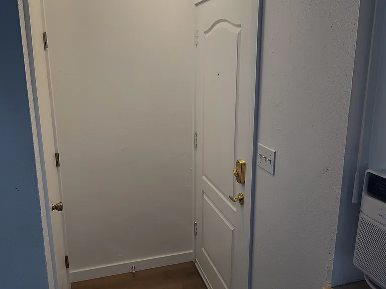 Standing in the living room by the front door looking at the front door and the coat closet.