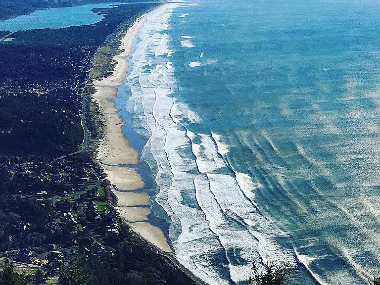 View of Manzanita Beach (and Nehalem Bay upper left) from Neahkahnie summit hike.